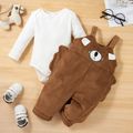 2pcs Baby Long-sleeve Ribbed Romper and Cartoon Bear 3D Ears Corduroy Overalls Set Brown image 2