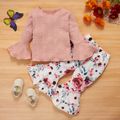 2pcs Baby Solid Bell Sleeve Top and Floral Print Bell Bottom Pants Set Coral