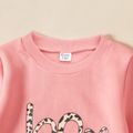 2-piece Kid Girl Letter Print Fleece Lined Pullover Sweatshirt and Leopard Print Patchwork Ripped Denim Black Jeans Pink