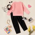 2-piece Kid Girl Letter Print Fleece Lined Pullover Sweatshirt and Leopard Print Patchwork Ripped Denim Black Jeans Pink image 2