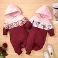 Baby Girl Floral Print Colorblock Hooded Long-sleeve Jumpsuit Pink
