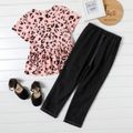 2-piece Kid Girl Leopard Print Peplum Tee and Patch Ripped Denim Jeans Set Pink
