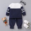 2pcs Baby Boy Cartoon Bear & Letter Print Colorblock Long-sleeve Sweatshirt and Sweatpants Set Dark Blue/white image 2