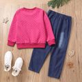 2pcs Kid Girl Textured Pink Sweatshirt and Ripped Denim Jeans Set Hot Pink