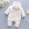 Bear Embroidered Hooded 3D Ear Decor Fluffy Long-sleeve White or Khaki or Brown Baby Jumpsuit White