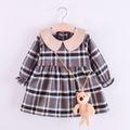 2pcs Plaid Print Doll Collar Long-sleeve Brown or Grey Toddler Dress and Toy Bear Pendant Set Grey