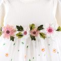 Baby Girl White Ribbed Long-sleeve Splicing Floral Embroidered Mesh Dress White image 5