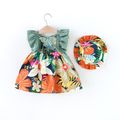 Baby 2pcs Floral Allover Ruffle Decor Flutter-sleeve Green or Red Dress with Hat Set Green