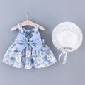 2pcs Toddler Girl Floral Print Bowknot Design Strap Dress and Straw Hat Set Blue