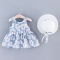 2 قطعة طفلة صغيرة الأزهار طباعة bowknot تصميم فستان بحزام ومجموعة قبعة من القش أزرق image 2