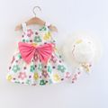 2pcs Baby Girl Allover Floral Print Sleeveless Bowknot Dress with Hat Set Pink