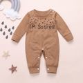100% Cotton Letter and Stars Print Long-sleeve Baby Jumpsuit Brown