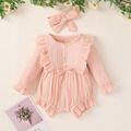 Crepe 2pcs Solid Ruffle and Bow Decor Long-sleeve Baby Set Pink