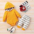 2pcs Solid Long-sleeve Hooded Romper and Stripe Trouser Baby Set Ginger