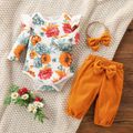 Baby 3pcs Floral Print Long-sleeve Romper and Solid Waffle Trouser Set Yellow