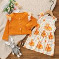 2-piece Toddler Girl Ruffled Button Design Waffle Jacket and Deer Floral Print Sleeveless Dress Set Multi-color