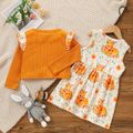 2-piece Toddler Girl Ruffled Button Design Waffle Jacket and Deer Floral Print Sleeveless Dress Set Multi-color