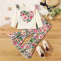 2-piece Toddler Girl Ruffled Floral Print Heart Pattern Ribbed Long-sleeve Top and Flared Pants Set White image 1