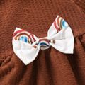 3pcs Solid Long-sleeve Bowknot Top and All Over Rainbow Print Trousers Set Coffee