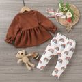 3pcs Solid Long-sleeve Bowknot Top and All Over Rainbow Print Trousers Set Coffee