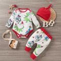 Christmas 3pcs Baby All Over Cartoon Dinosaur Print Long-sleeve Waffle Romper and Trousers Set Multi-color