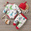 Christmas 3pcs Baby All Over Cartoon Dinosaur Print Long-sleeve Waffle Romper and Trousers Set Multi-color