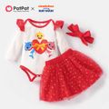 Baby Shark 3-piece Baby Girl Heart Print Bodysuit and Allover Mesh Skirt Set with Headband Red