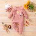 2pcs Baby 95% Cotton Long-sleeve Love Heart Print Footed Jumpsuit with Hat Set Pink image 3