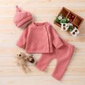 3-piece Baby Girl Button Design Solid Color Textured Long-sleeve Top, Elasticized Pants and Cap Set Pink image 1