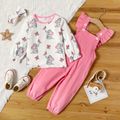 2-piece Toddler Girl Elephant Butterfly Print Long-sleeve Ribbed Top and Ruffled Corduroy Overalls Set Light Pink