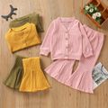 2-piece Toddler Girl Waffle Button Design Solid Color Cardigan and Flared Pants Set Light Pink