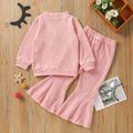 2-piece Toddler Girl Waffle Button Design Solid Color Cardigan and Flared Pants Set Light Pink
