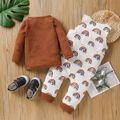 2pcs Baby Girl Solid Waffle Long-sleeve Top and Rainbow Print Overalls Set Multi-color