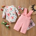 3pcs Baby Girl Pink Floral Print Long-sleeve Romper and 100% Cotton Solid Overalls Set Pink