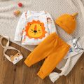 3pcs Baby Boy Cartoon Animal Pattern Long-sleeve Top and Solid Waffle Trousers Set Multi-color
