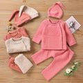 3-piece Baby Girl Button Design Solid Color Textured Long-sleeve Top, Elasticized Pants and Cap Set Pink image 2