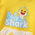 Baby Shark Baby Boy/Girl Cartoon Shark and Letter Print Yellow Splicing Long-sleeve Hooded Jumpsuit Yellow