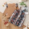 2-piece Toddler Girl Ruffled Long-sleeve Ribbed Top and Floral Print Exotic Overall Dress Set Multi-color