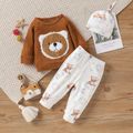 3pcs Baby Boy/Girl Cartoon Bear Pattern Fuzzy Waffle Long-sleeve Top and Trousers Set Brown