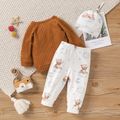 3pcs Baby Boy/Girl Cartoon Bear Pattern Fuzzy Waffle Long-sleeve Top and Trousers Set Brown