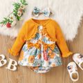 2-piece Baby Girl Ruffled Floral Print Faux-two Long-sleeve Romper and Headband set Yellow image 1