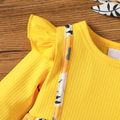 2pcs Baby Girl Yellow Ribbed Long-sleeve Faux-two Floral Print Ruffle Jumpsuit with Headband Set Yellow