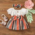 2pcs Baby Girl White Ribbed Splicing Striped Bowknot Frill Puff-sleeve Dress with Headband Set Color block