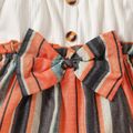 2pcs Baby Girl White Ribbed Splicing Striped Bowknot Frill Puff-sleeve Dress with Headband Set Color block image 4