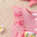 2pcs Baby Girl Floral Print/Solid Sleeveless Ruffle Bowknot Jumpsuit with Headband Set Pink