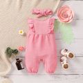 2pcs Baby Girl Floral Print/Solid Sleeveless Ruffle Bowknot Jumpsuit with Headband Set Pink