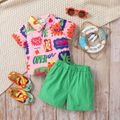 2pcs Baby Boy All Over Letter Print Short-sleeve Button Up Shirt and Solid Shorts Set Multi-color