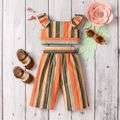 2pcs Baby Girl Button Front Striped Ruffle Trim Flutter-sleeve Crop Top and Belted Pants Set Multi-color