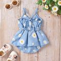 Baby Girl Allover Daisy Floral Print Knot Front Cut Out Denim Cami Romper Blue