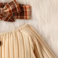 2pcs Baby Girl 95% Cotton Rib Knit Bow Front Long-sleeve Spliced Plaid Dress with Headband Set Brown